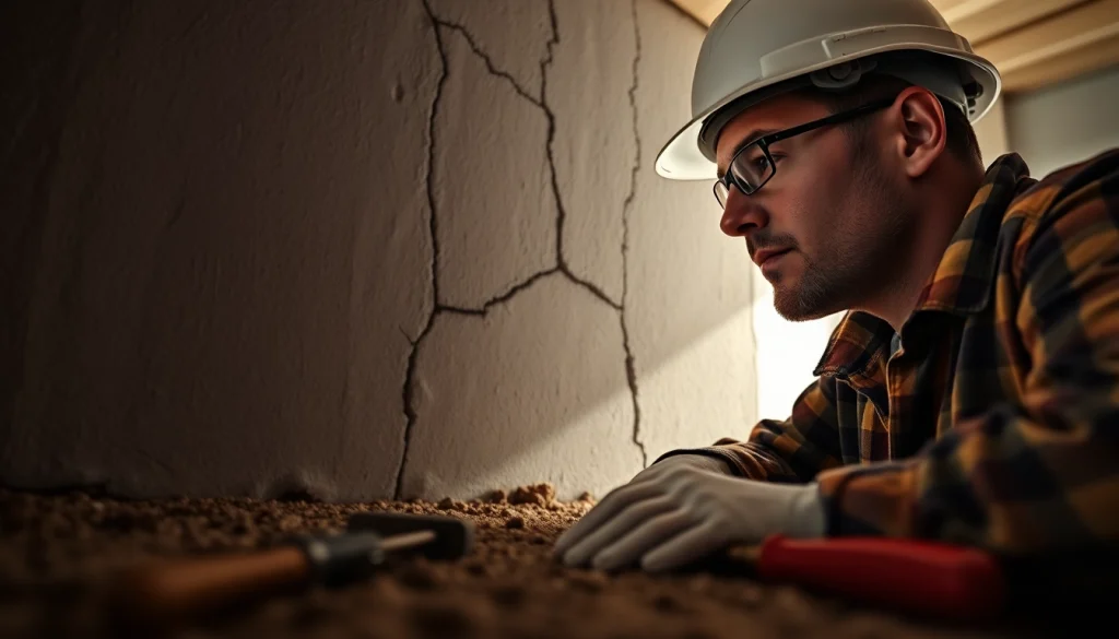 Inspecting foundation crack repair geneva in a basement with tools on display.