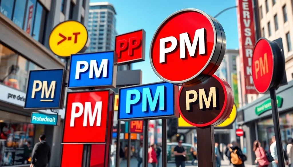Showcase of pm signs in an urban setting, featuring vibrant designs and styles.