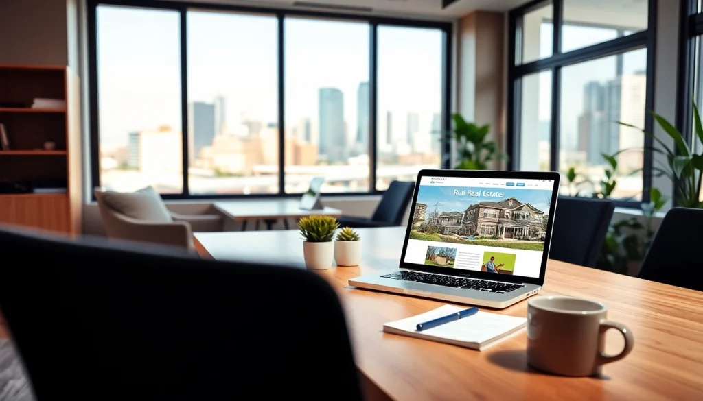 Engaging real estate blog workspace with a laptop and city skyline for inspiration.