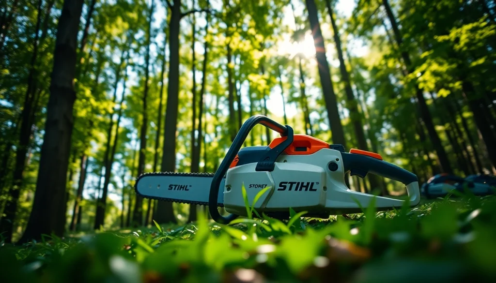 Stihl Motorsäge in einem lebhaften Wald mit kraftvollem Design und natürlichem Licht.