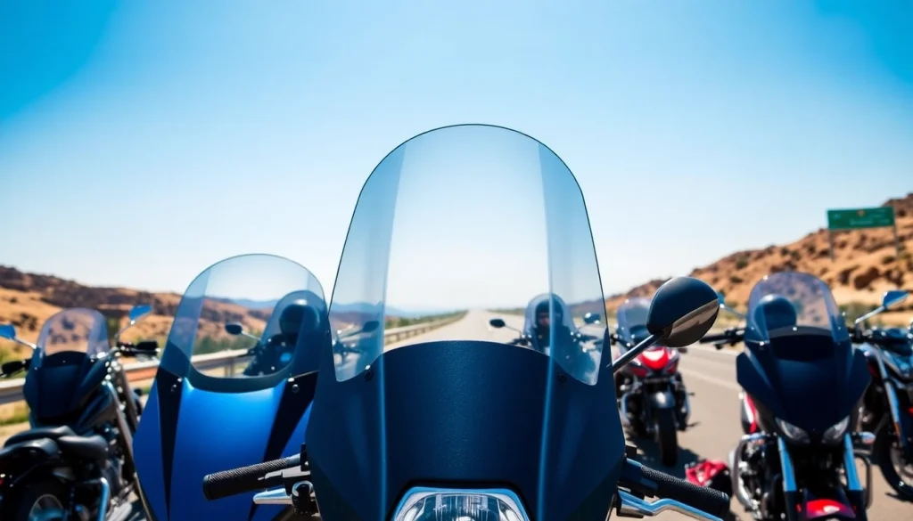 Showcasing motorcycle windshields in an outdoor setting with vibrant motorcycles.
