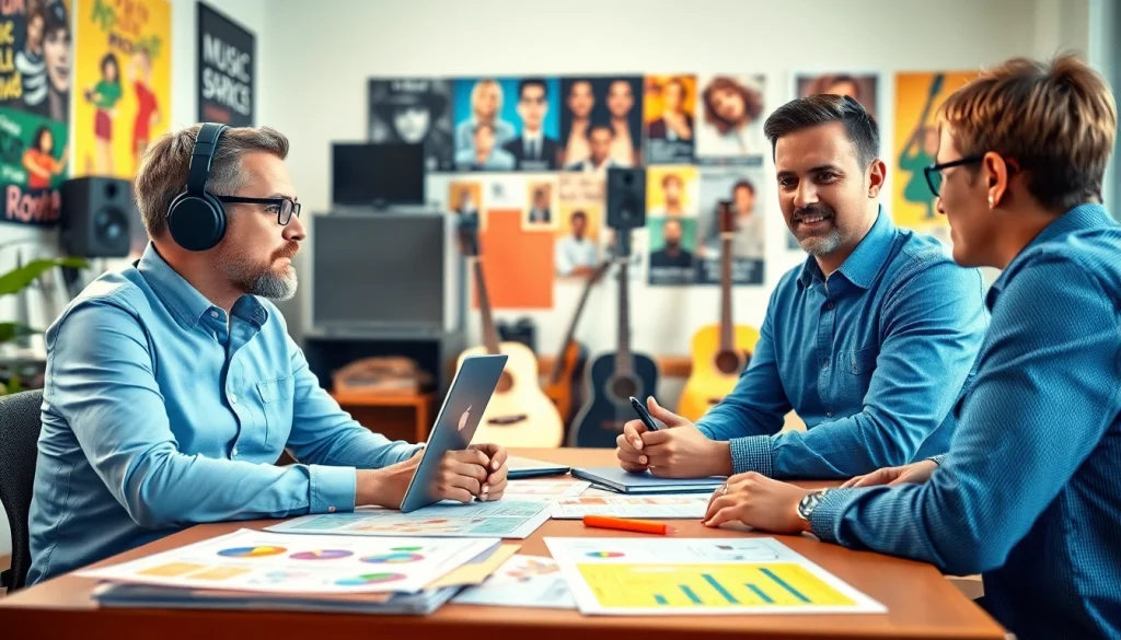 Showcase of music promotion services in a lively office environment with a creative team collaborating.
