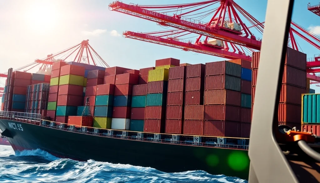 Cargo ship highlighting imports in a busy port setting with colorful containers
