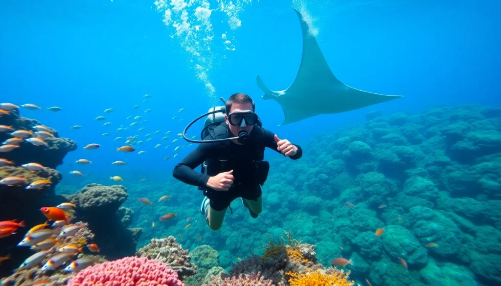 Dive into Bali Diving scenery showcasing a scuba diver amidst vibrant corals and marine life.