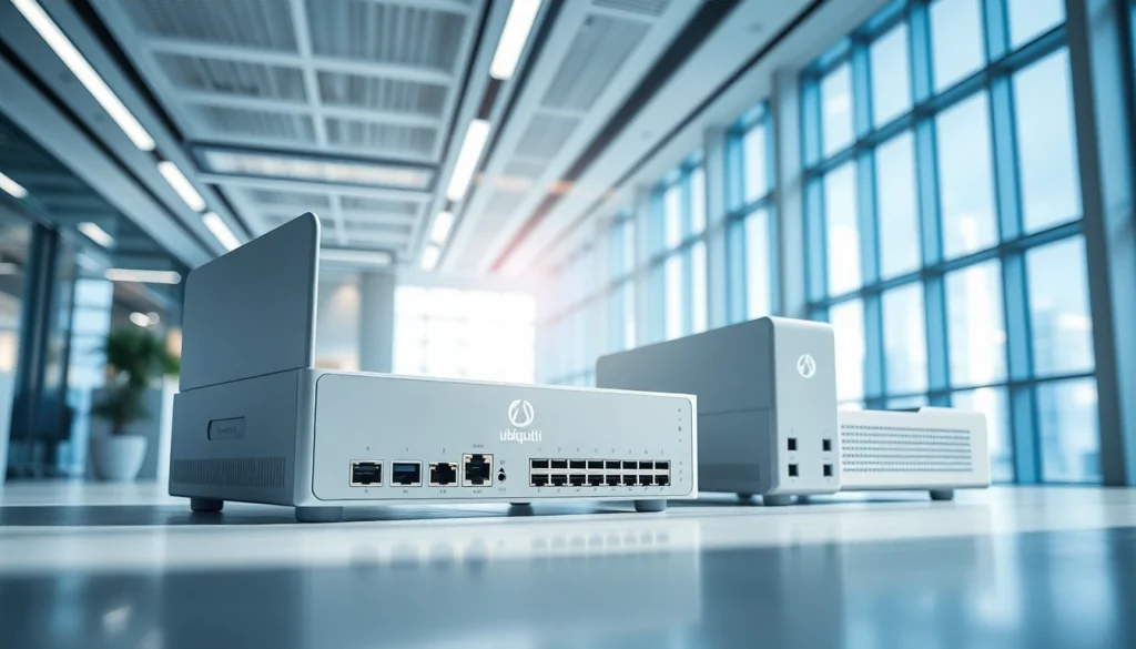 Ubiquiti network devices showcased in a modern office setting, emphasizing technology and connectivity.