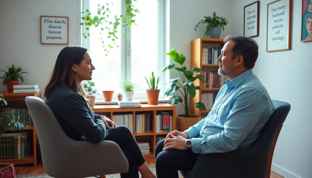 Engaging psychologist in a calming office space, offering empathetic support to a patient.