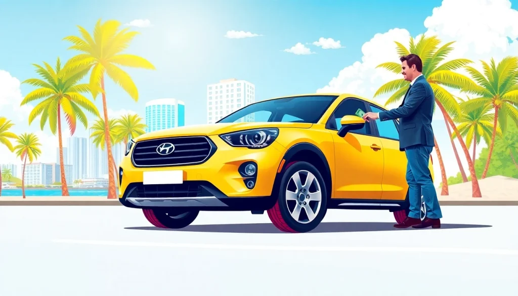 Cash for cars Miami transaction with a vibrant skyline backdrop.
