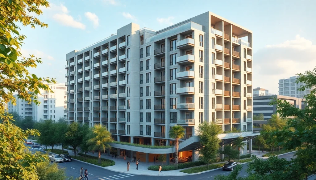 Visualisierung Architektur eines modernen Wohngebäudes in einer lebendigen Stadtlandschaft.