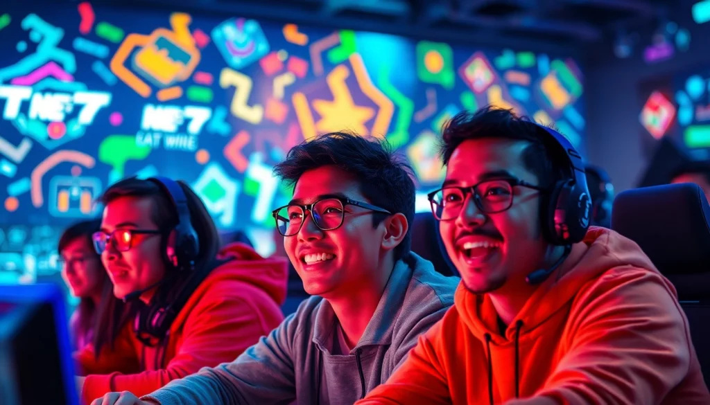 Menampilkan pengalaman bermain net77 game dengan pemain yang bersemangat dalam ruangan bermain yang canggih.