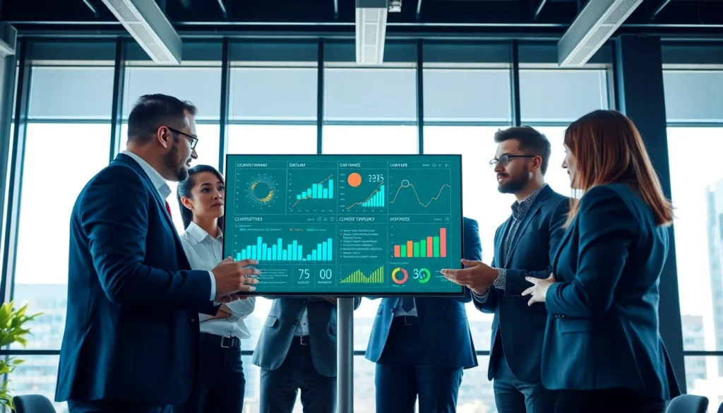 Utilize AI for competitor analysis with a professional team discussing insights in a modern office.