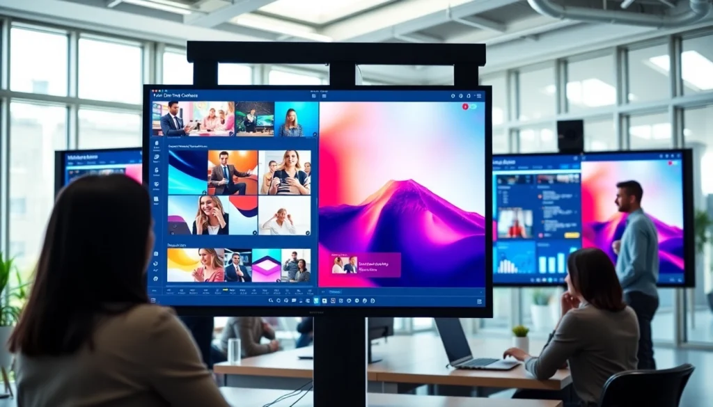 Optimize your digital signage CMS management with a collaborative team in a modern workspace.