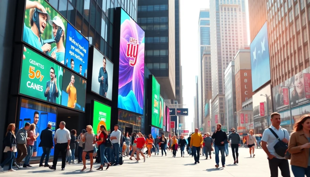 Digital signage displayed in an urban setting with people interacting with vibrant LED screens.