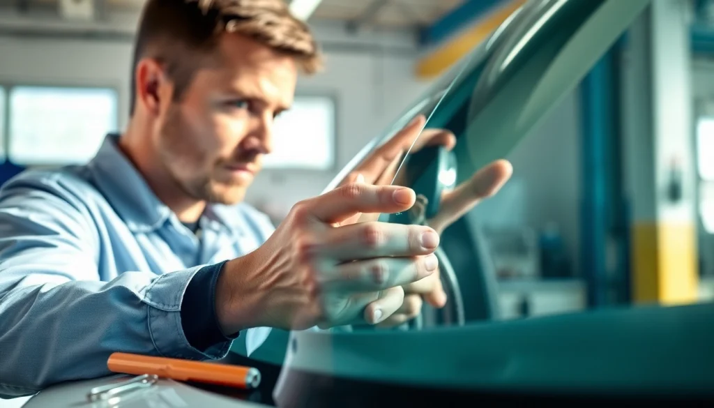 Expert performing windshield repair on a damaged windshield in an auto service environment.