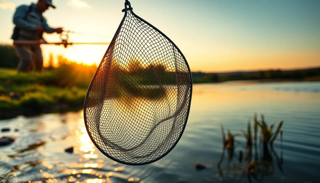 Use a fly fishing net to catch fish while enjoying a peaceful river landscape.