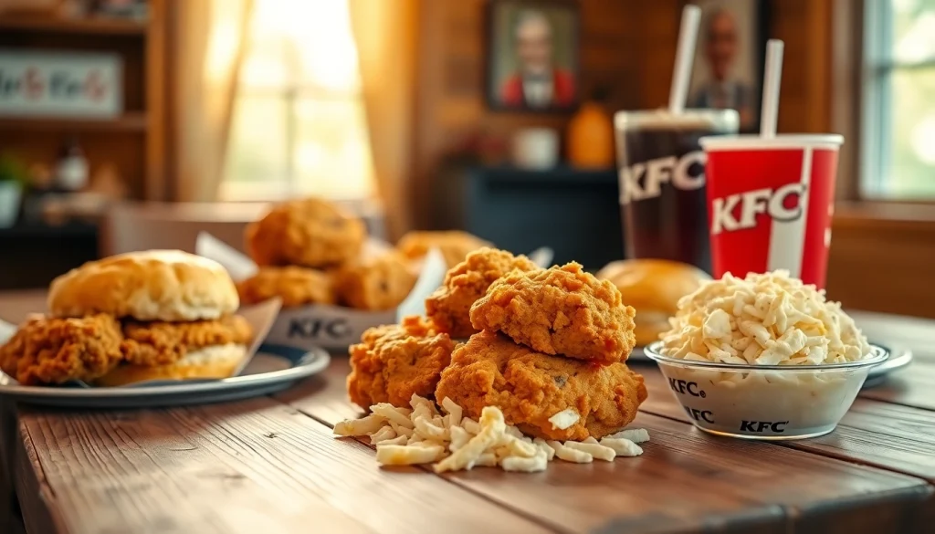View the KFC menu with prices showcased through a delicious spread of items on a rustic table.