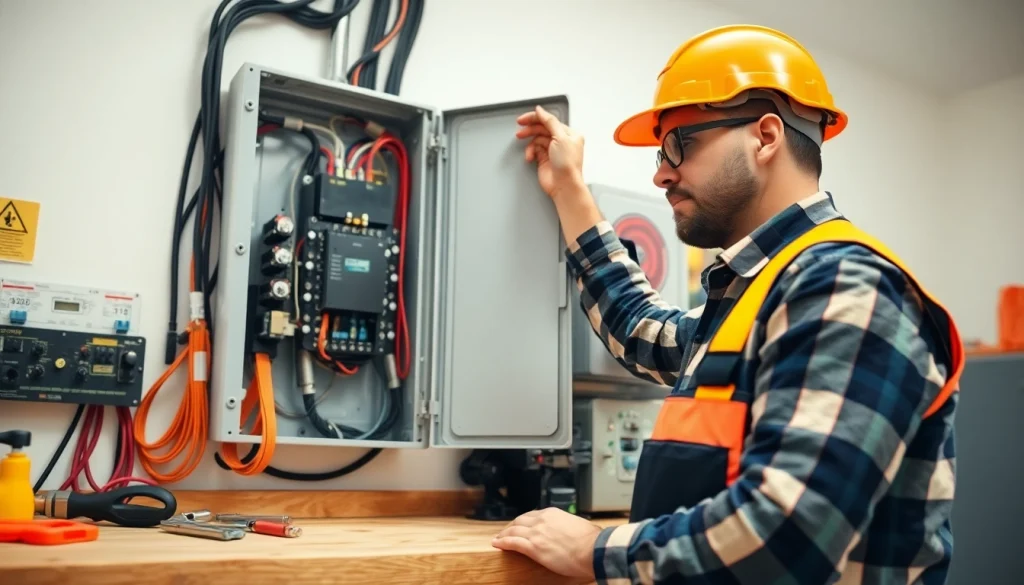 Upgrading an electrical panel with a professional electrician in action, showcasing safety and expertise.