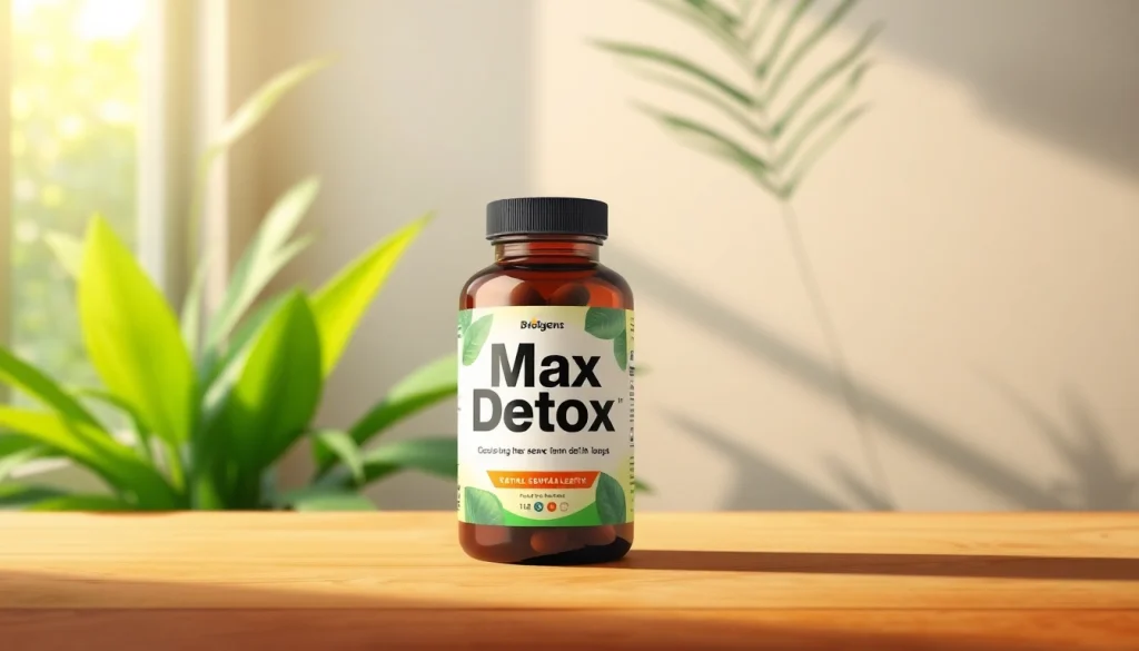 Max detox supplement bottle displayed on a wooden table with tropical plant in the background.