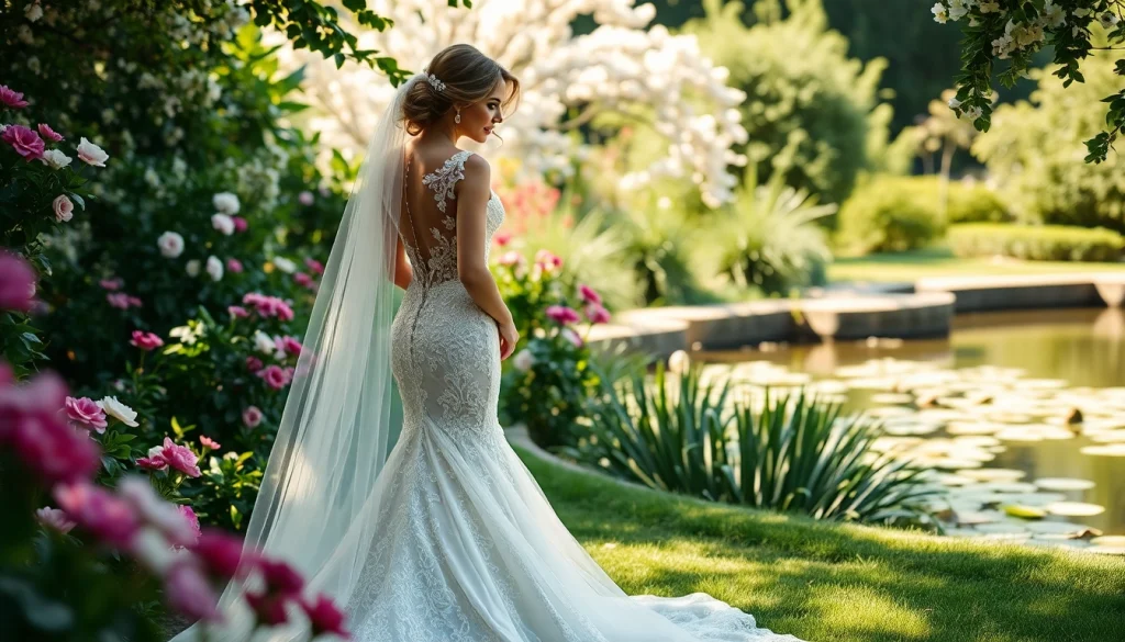 Bridal gowns Winnipeg showcased in an elegant garden setting with soft natural lighting.