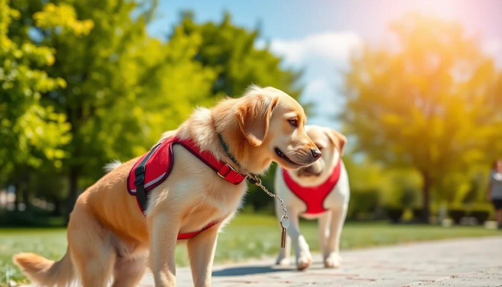 Service dogs assisting their handlers in a sunny park, showcasing support and companionship.