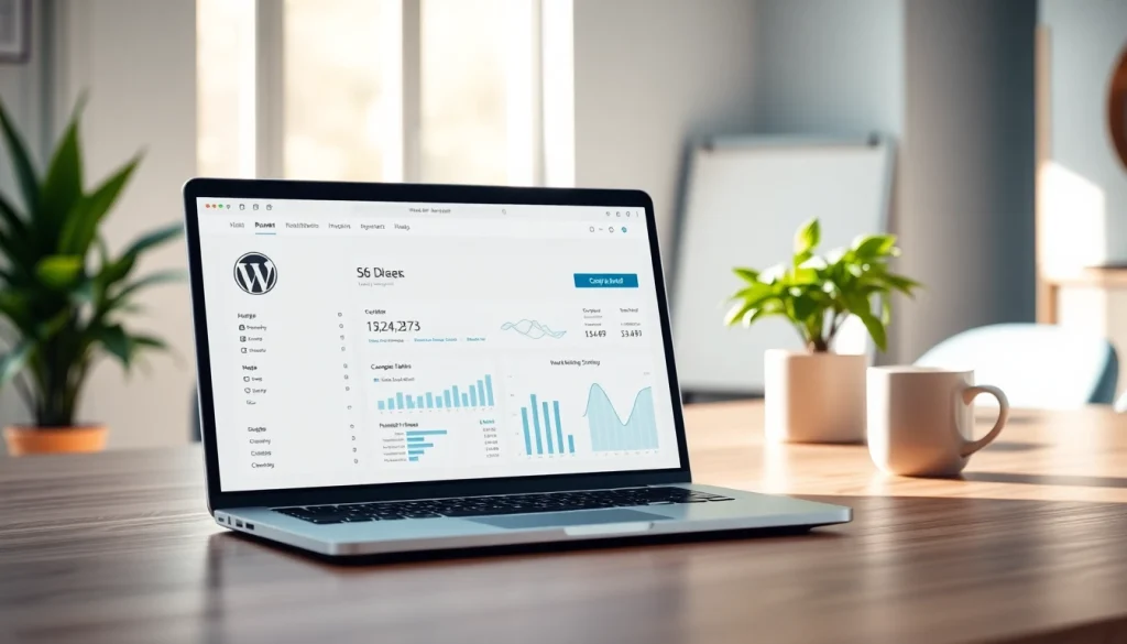 Visualize Wordpress hosting statistics on a sleek laptop in a modern workspace.