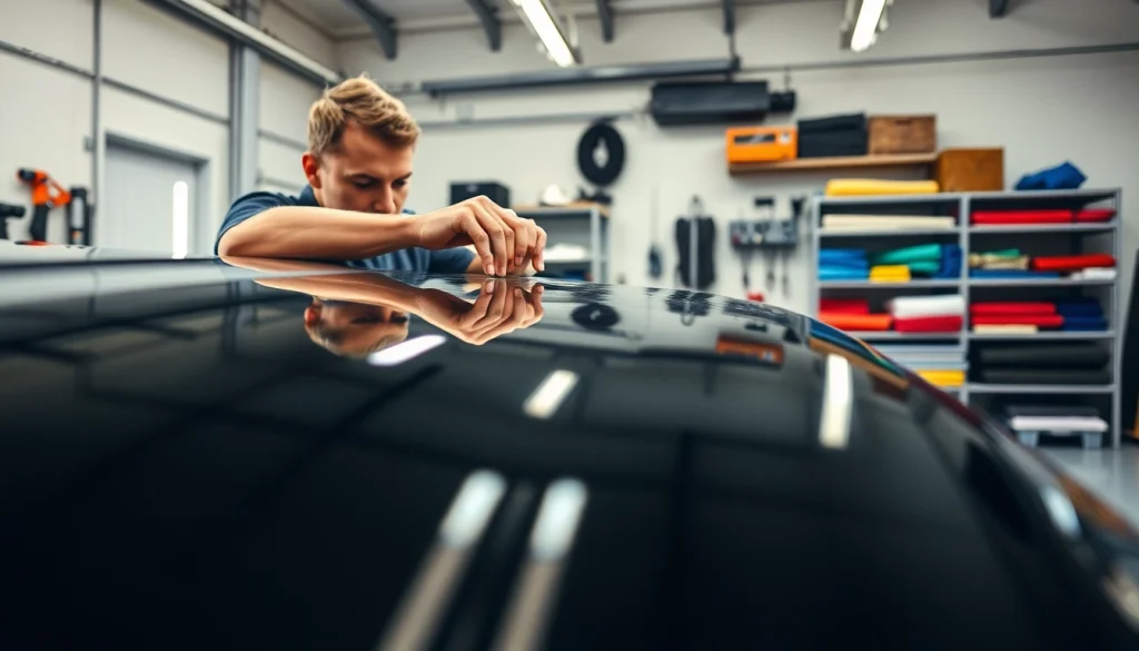 Professional ppf installer applying paint protection film to a modern vehicle in a bright garage.