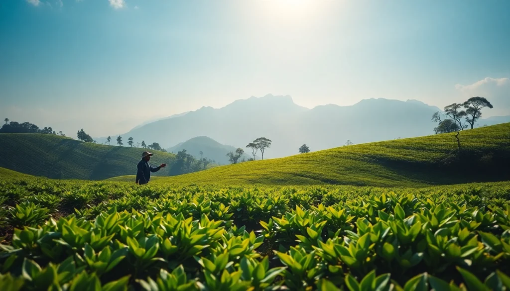 Harvesting fresh Nepal tea leaves on a scenic tea farm in the Himalayas.
