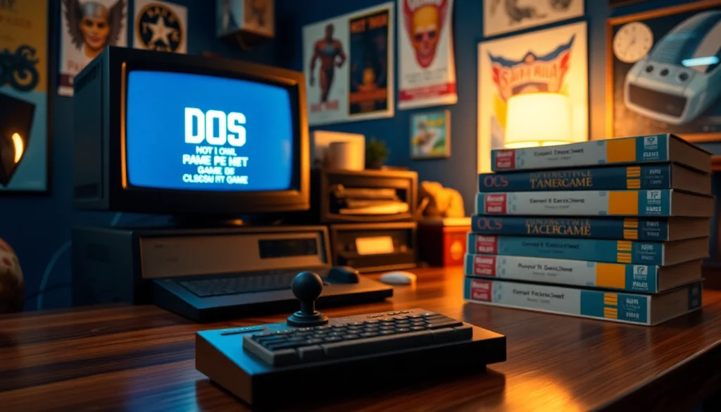 Immerse yourself in nostalgia as you play DOS games on a vintage setup featuring classic game elements.