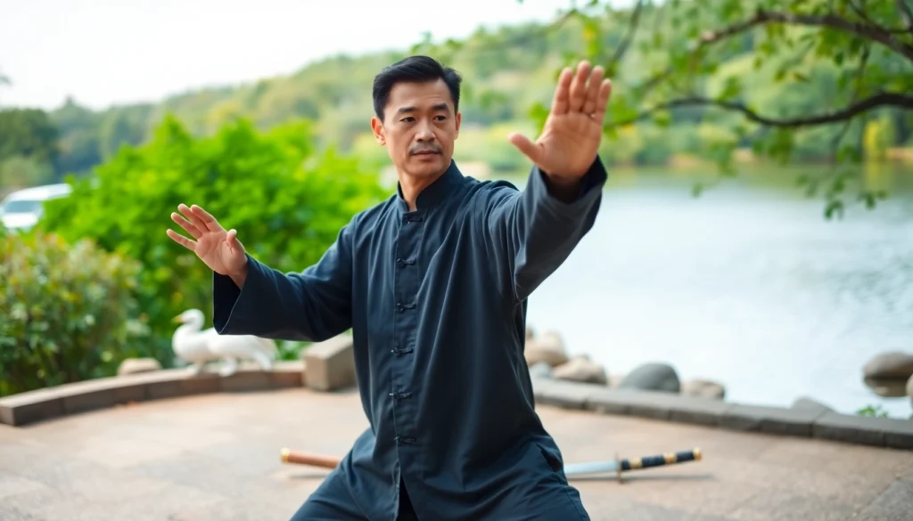 Learn Tai Chi Online with a professional instructor showcasing fluid movements in a serene outdoor setting.