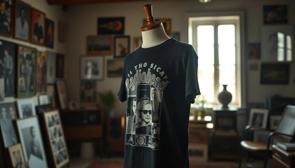 Showcase of a textured Radiohead shirt in a vintage art studio setting.