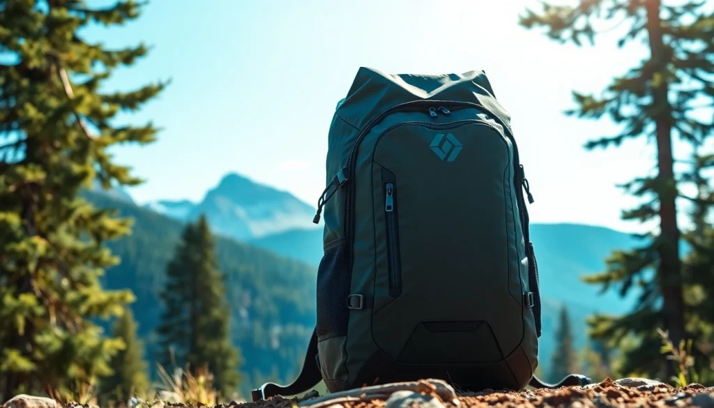 Wasserdichter Rucksack in einem abenteuerlichen Outdoor-Setting mit beeindruckender Naturkulisse.