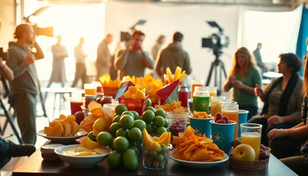 Craft services table filled with snacks and drinks for crew members on a film set.