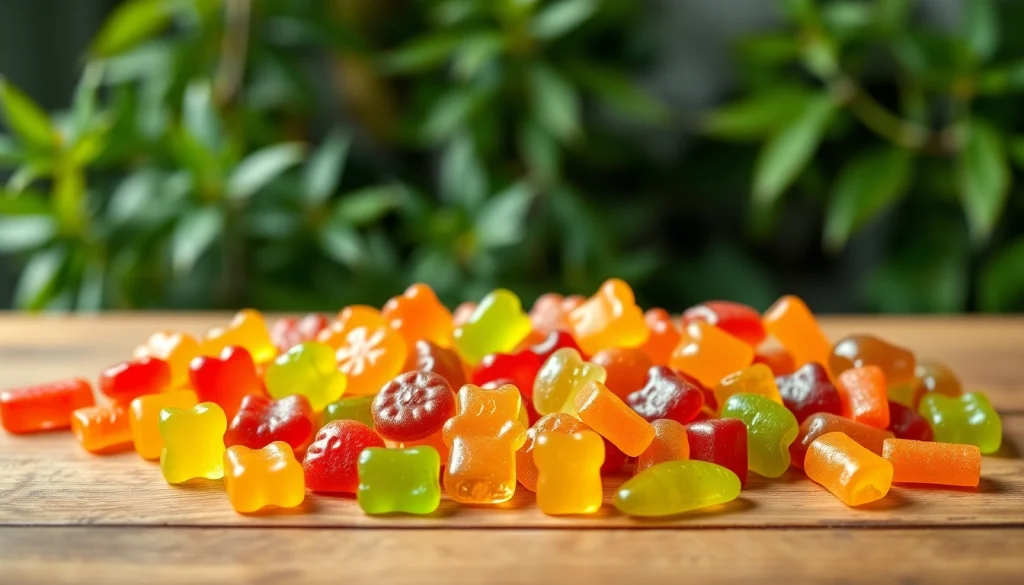 Buy THC gummies in an inviting display of colorful candies on a wooden table.