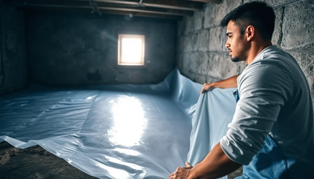 Contractor performing vapor barrier installation in a basement, ensuring moisture protection.