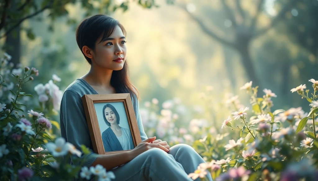 Capturing a moment of dealing with grief in a peaceful garden setting.