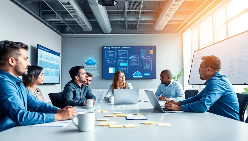 Showcasing a team on a cloud infrastructure and DevOps services project in a collaborative tech environment.