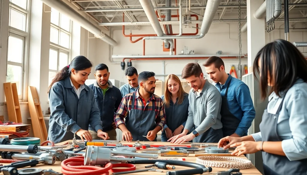 Hands-on training in trade schools in southern California with diverse students learning skills.