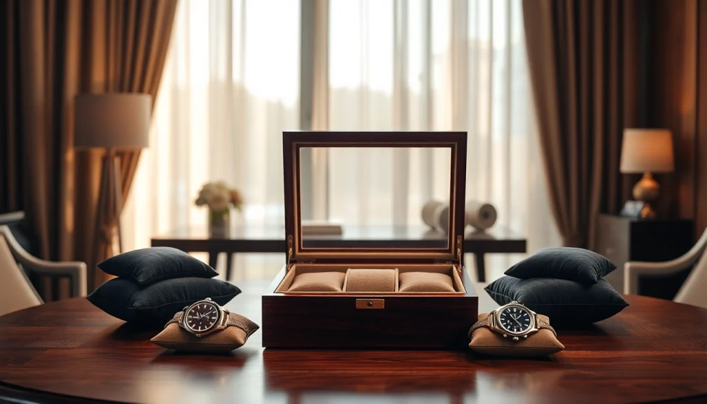 Showcasing a luxury watch box on a wooden table with elegant design and soft lighting.