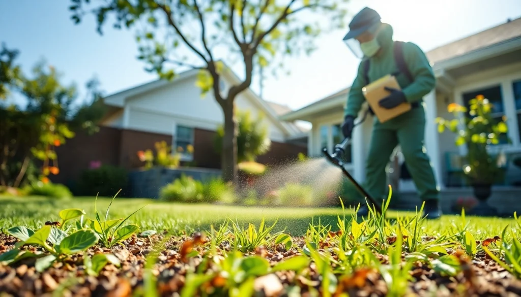 Pest control technician applying treatment for ants in a suburban backyard.