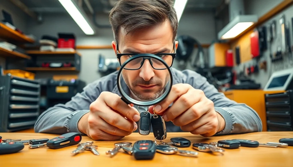 Examining Lost Car Keys with a locksmith in a professional workshop environment