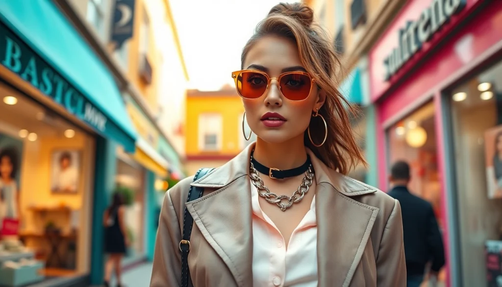 Showcasing trendy boutique clothing in a stylish urban setting with vibrant colors.