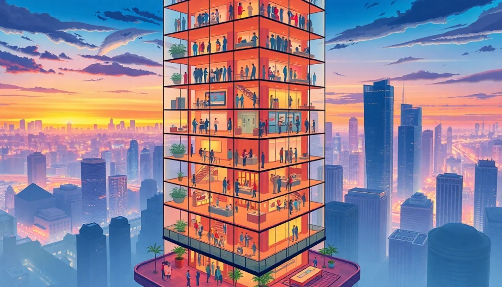 Experience the excitement of play sim tower with this lively skyscraper illustration.