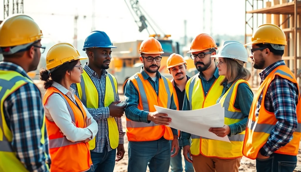 Engaging careers in construction scene with professionals collaborating on a job site.