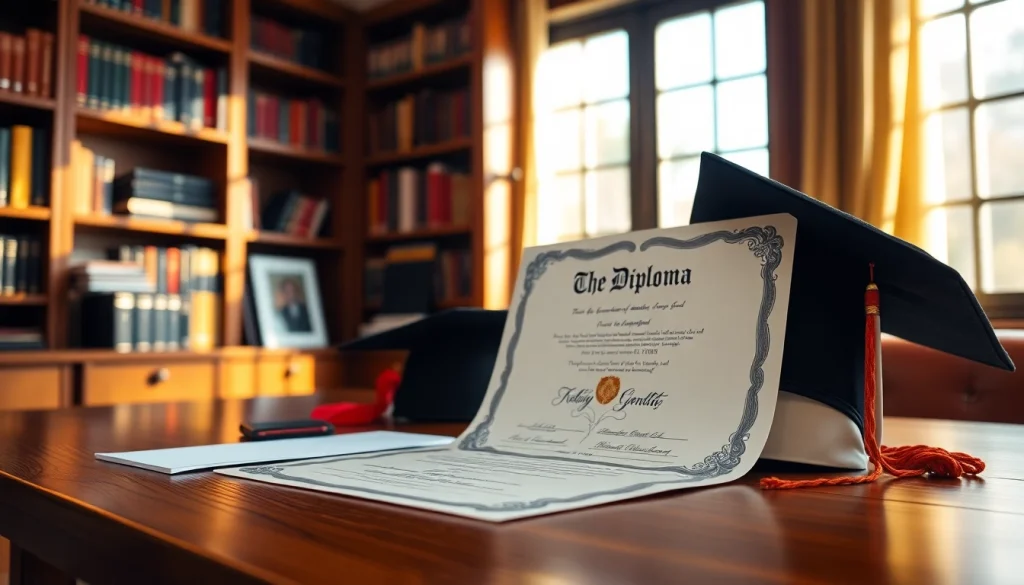 Buy a fake diploma with a realistic appearance, showcasing quality and detail on a desk.