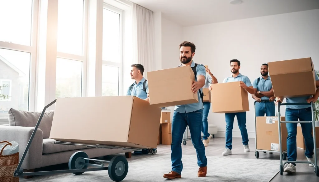 Moving professionals efficiently relocating boxes and furniture in a bright living room.