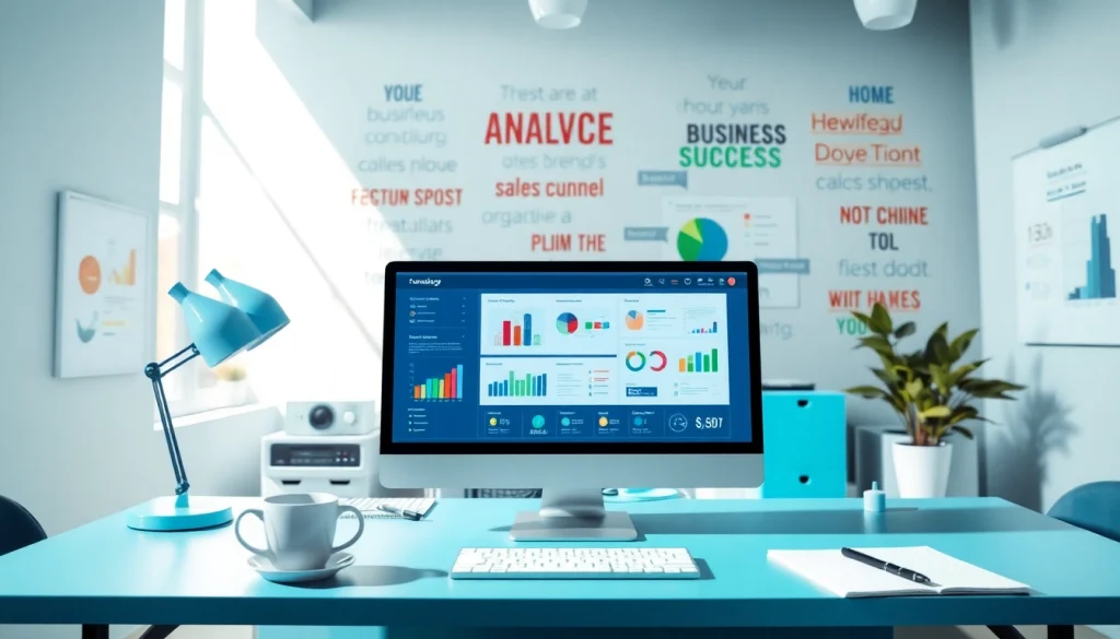 Illustration of Funnelology marketing workspace with sales funnel tools and analytics.