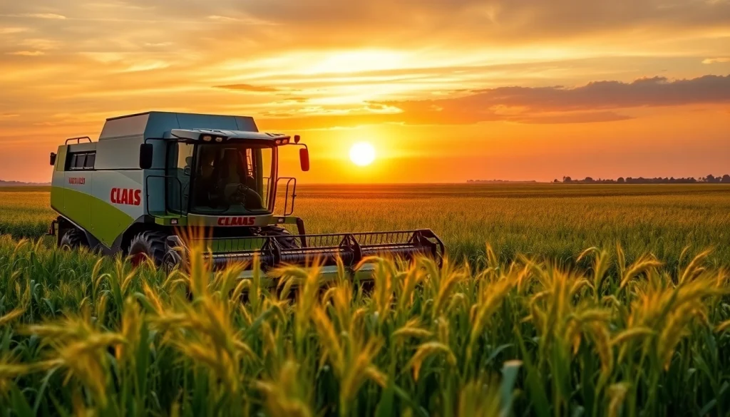 Claas Mähdrescher erntet in einem goldenen Weizenfeld unter dem Sonnenuntergang.