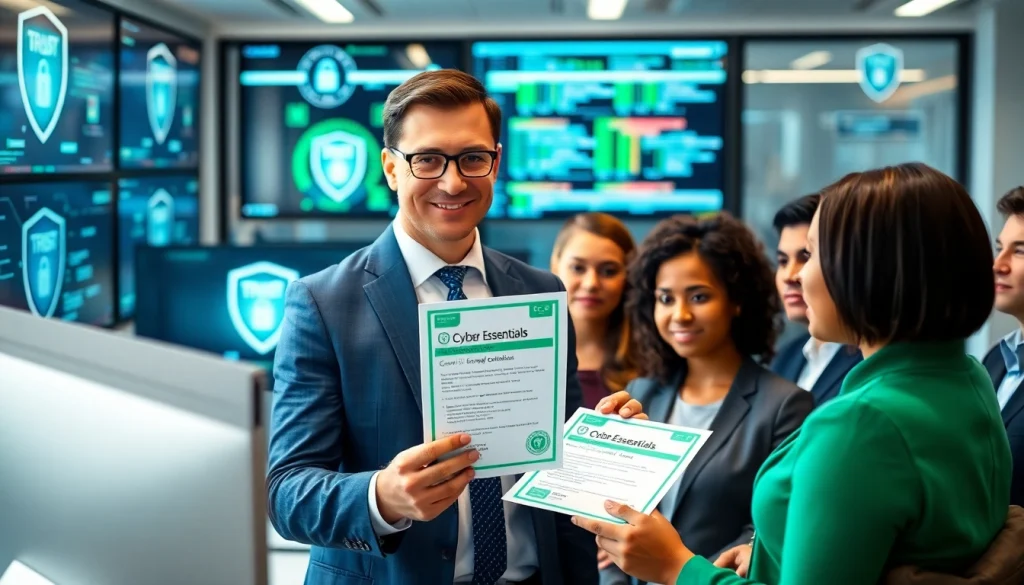 Highlighting Cyber Essentials certification with a cybersecurity consultant engaging business leaders.