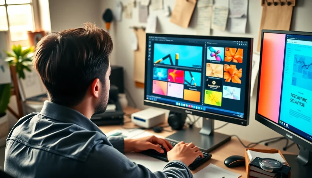 Designing a modern website design with vibrant tools and screenshots in a creative workspace
