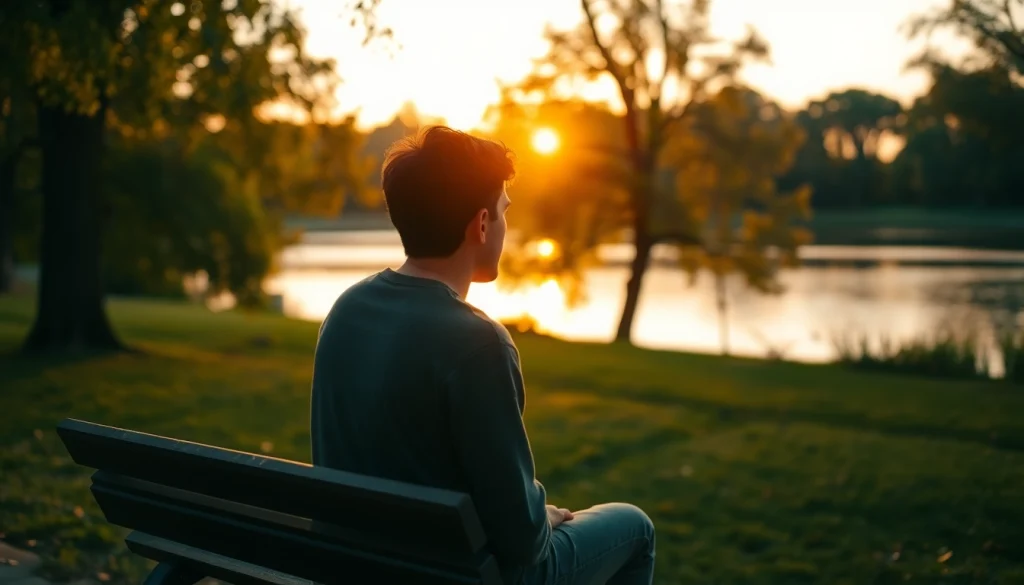 Individual reflecting on a relationship breakup, surrounded by nature at sunset.