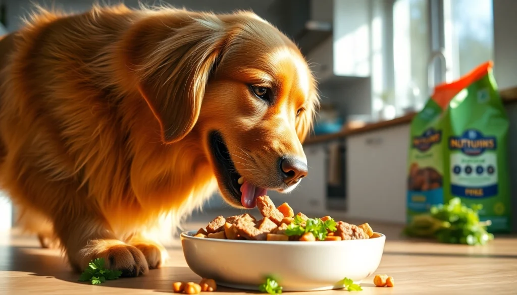 Engaging golden retriever enjoying badlands ranch dog food canada in a vibrant kitchen setting.